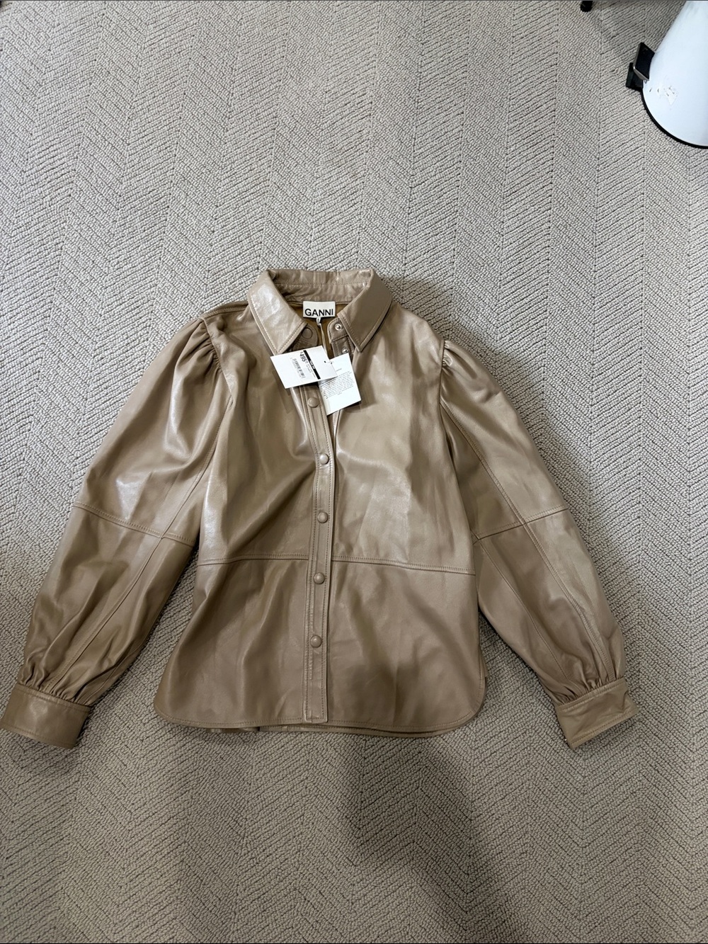 Ganni Beige Taupe Leather Button-Front Jacket